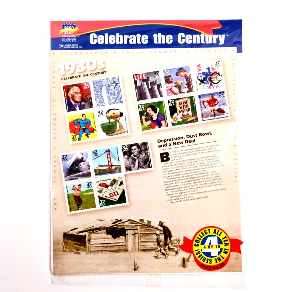 USPS Celebrate the Century 1930s Stamp Sheet 1998 New in Plastic Mint MNH